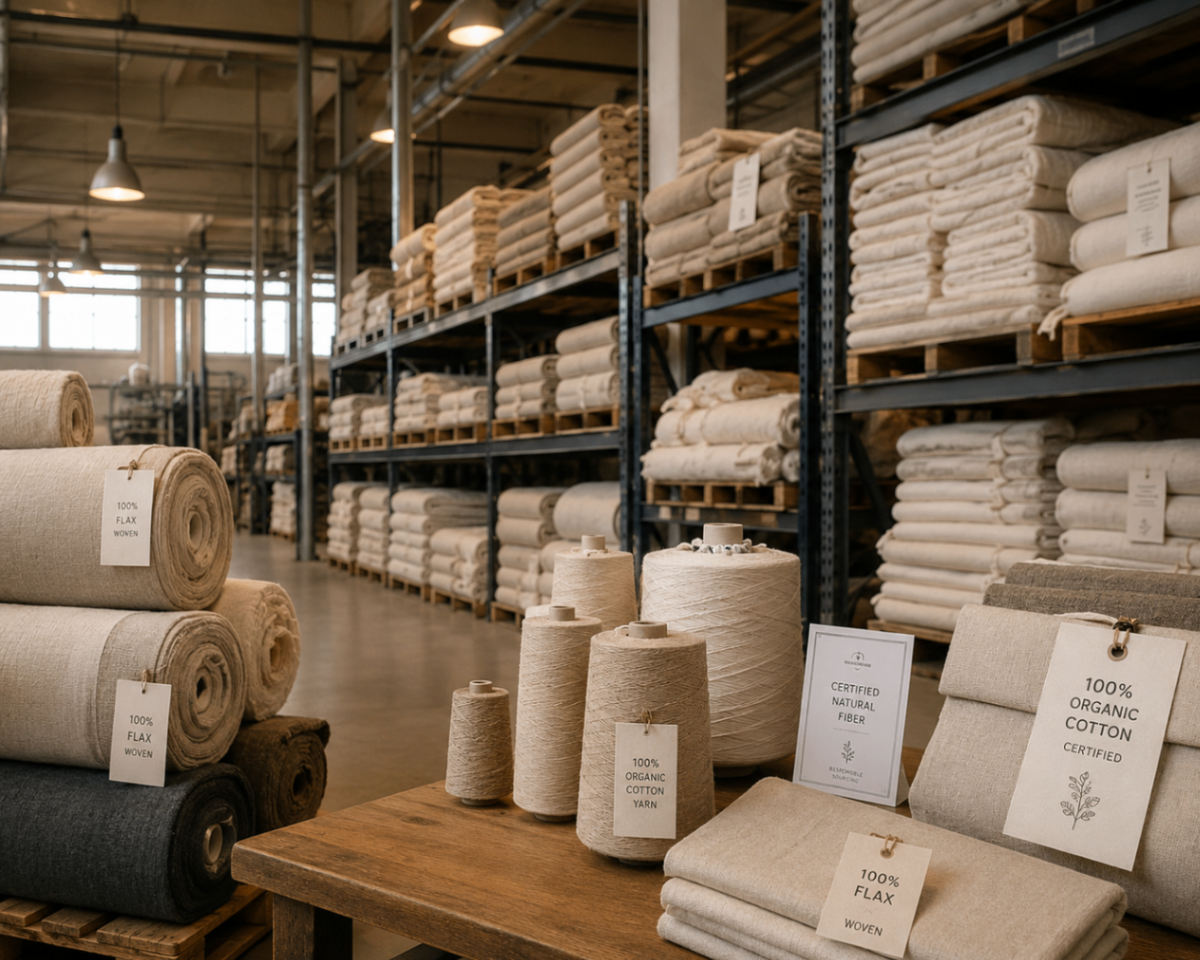 Shelves of flax and organic cotton rolls with yarn spools in an organized sourcing warehouse.