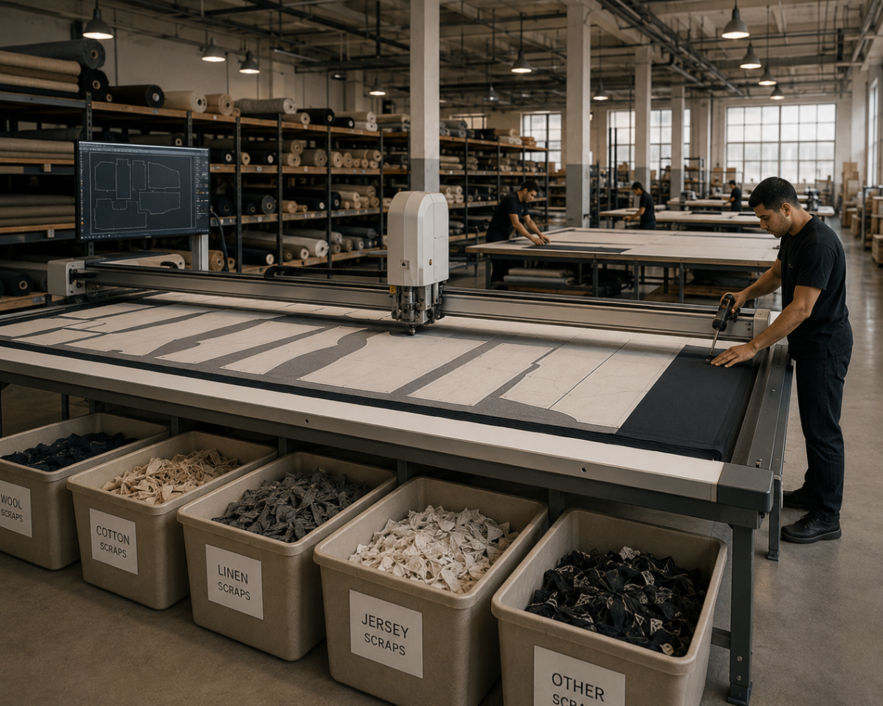 Large cutting tables with pattern markers, fabric rolls, and organized scrap bins in the Istanbul cutting hall.