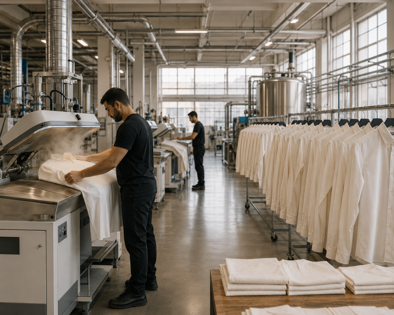 Steam pressing and finishing line with finished white shirts hanging neatly on rolling racks.