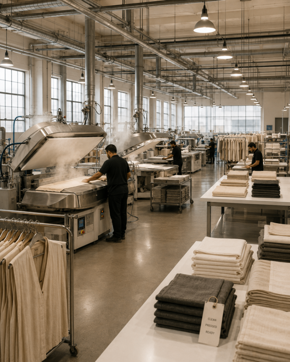 Bright finishing floor with industrial presses, steam, and finished garments stacked and hanging in order.