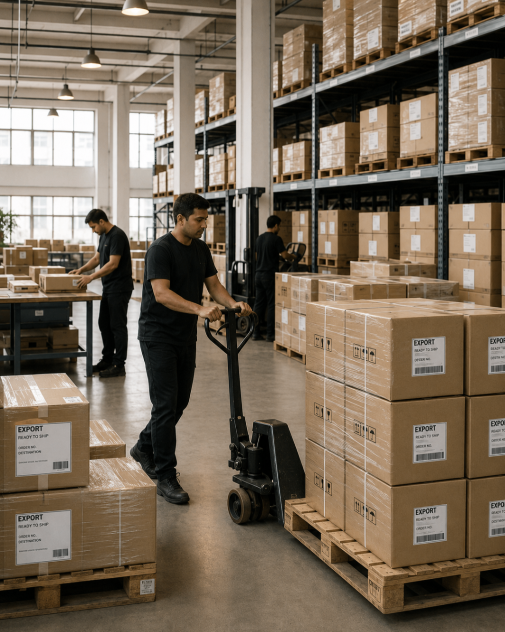 Export warehouse with labeled boxes, pallets, and logistics activity in a clean dispatch area.