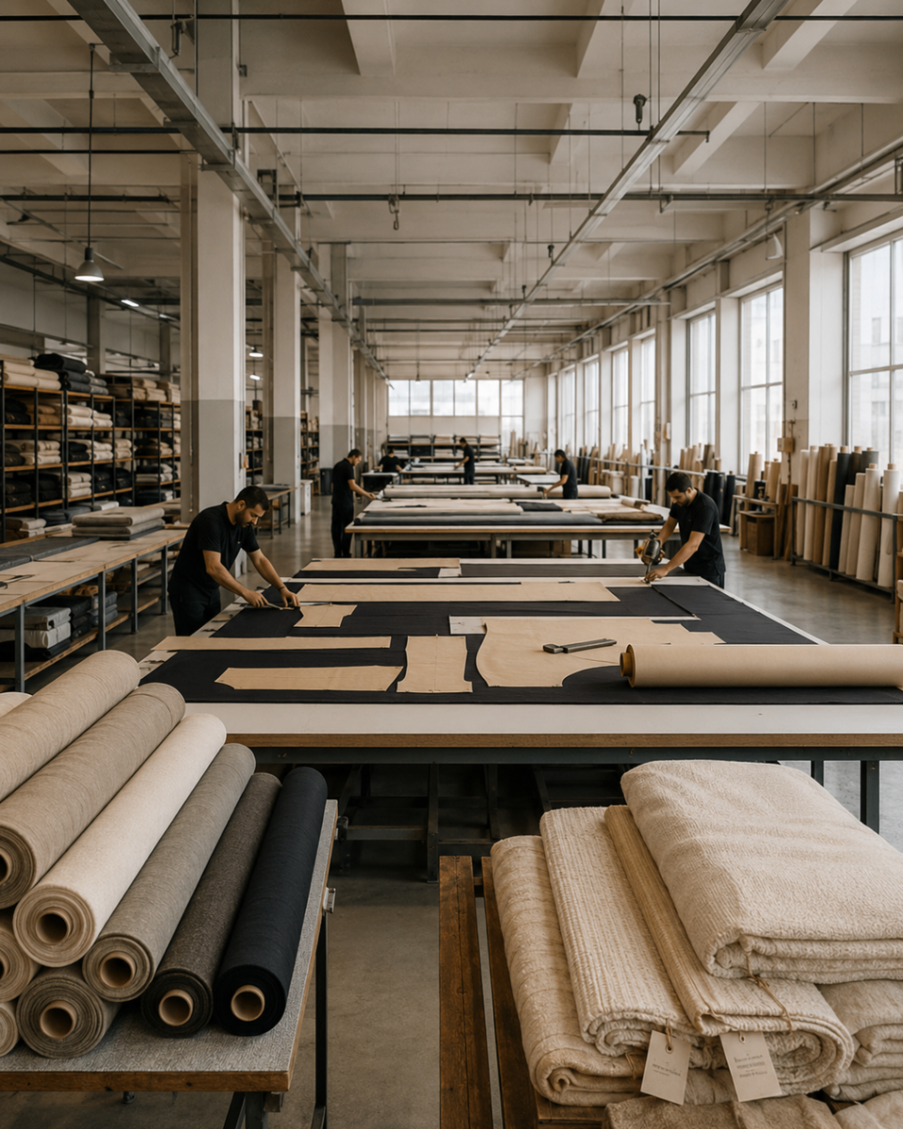 Large Istanbul cutting hall with multiple worktables, fabric rolls, and teams preparing pattern layouts.