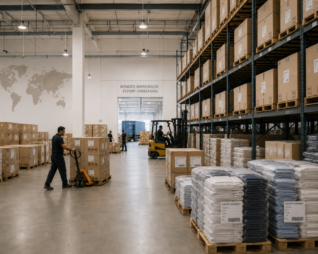 Bonded export warehouse with labeled shipments, forklifts, and organized pallets ready for dispatch.