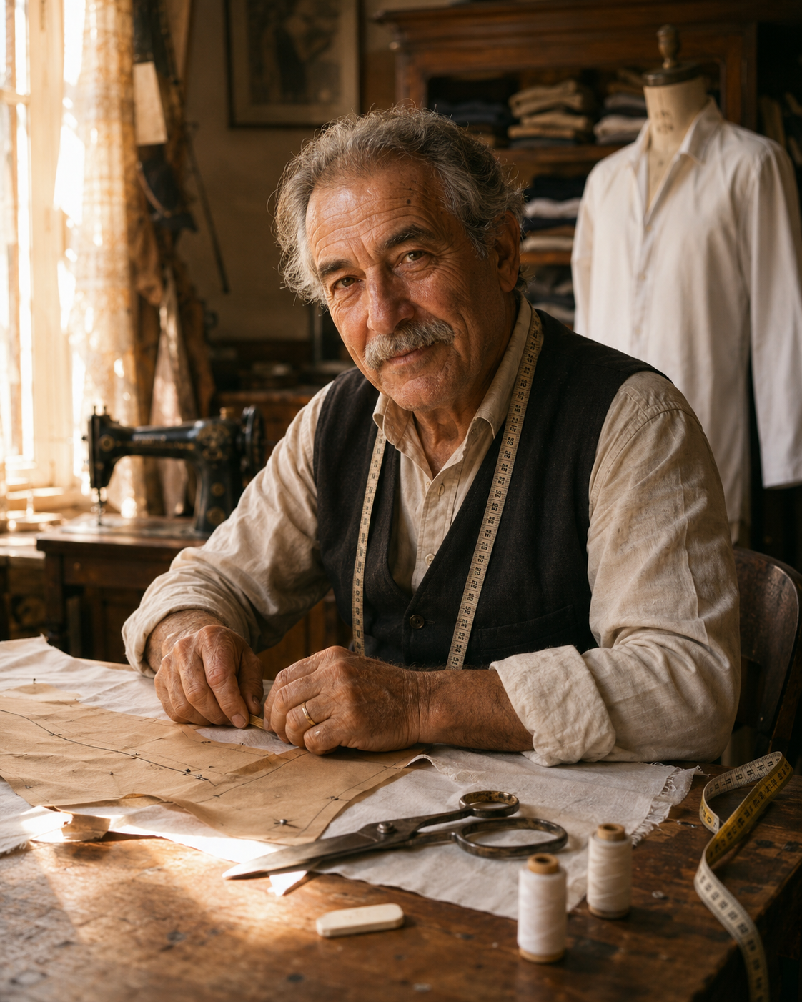 The founder seated at a wooden workbench in a sunlit Istanbul atelier, with vintage sewing machine, patterns, and a tailor's mannequin.
