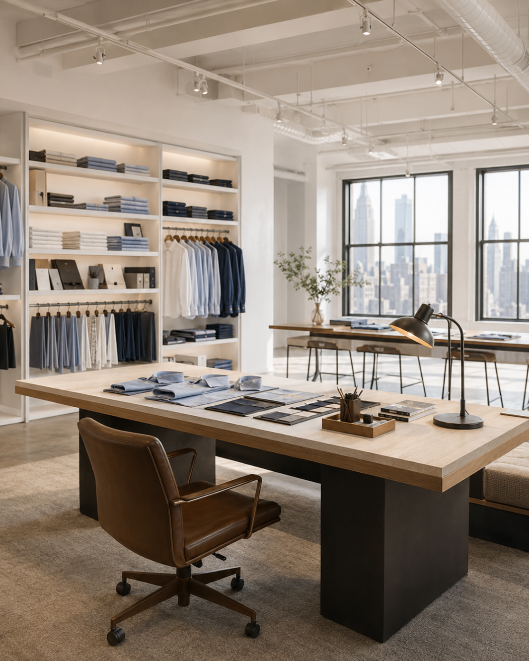 Minimal New York showroom desk with shirting samples, shelving, and skyline views through large windows.
