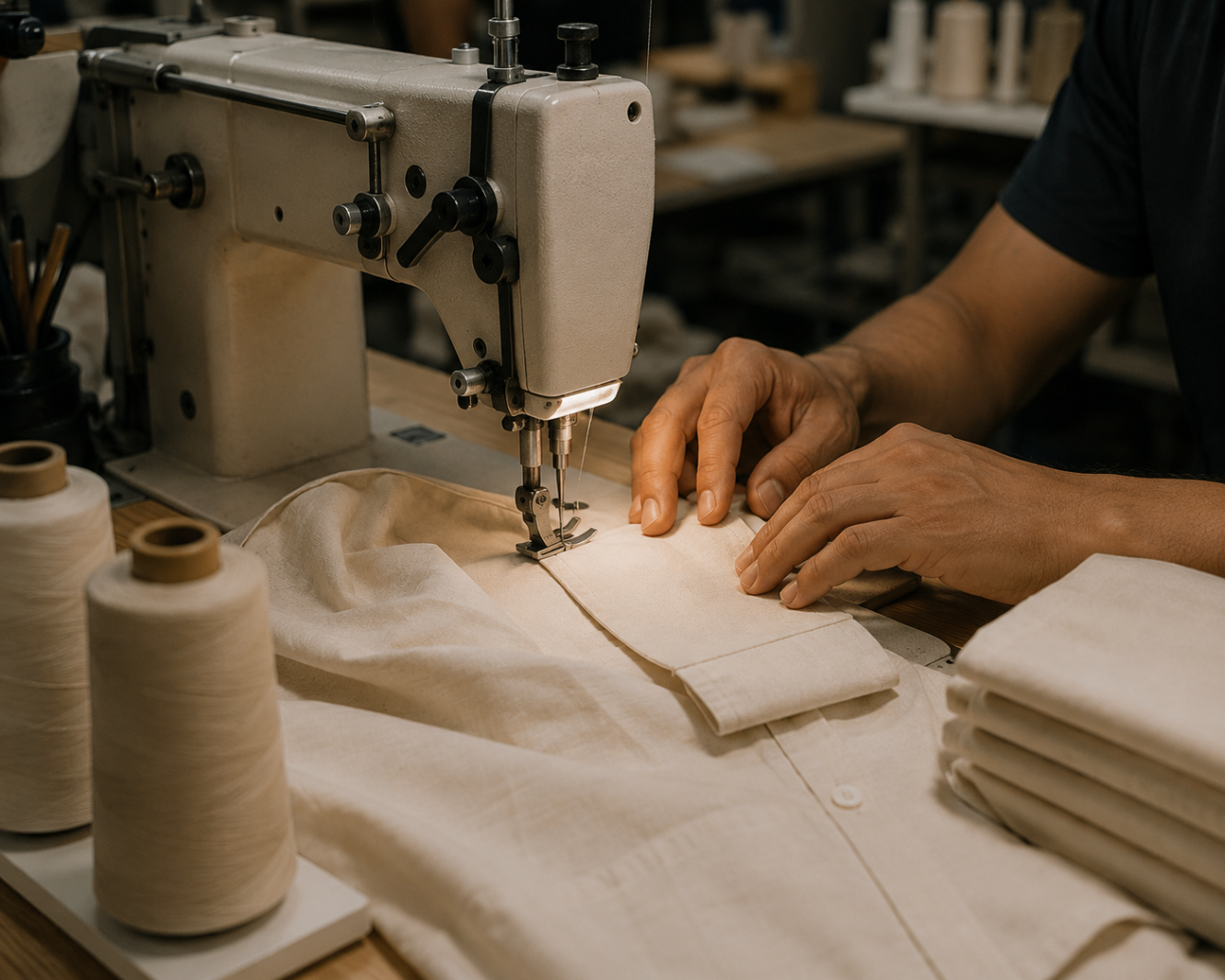 Close-up of a tailor guiding a cream shirt through a single-needle sewing machine.