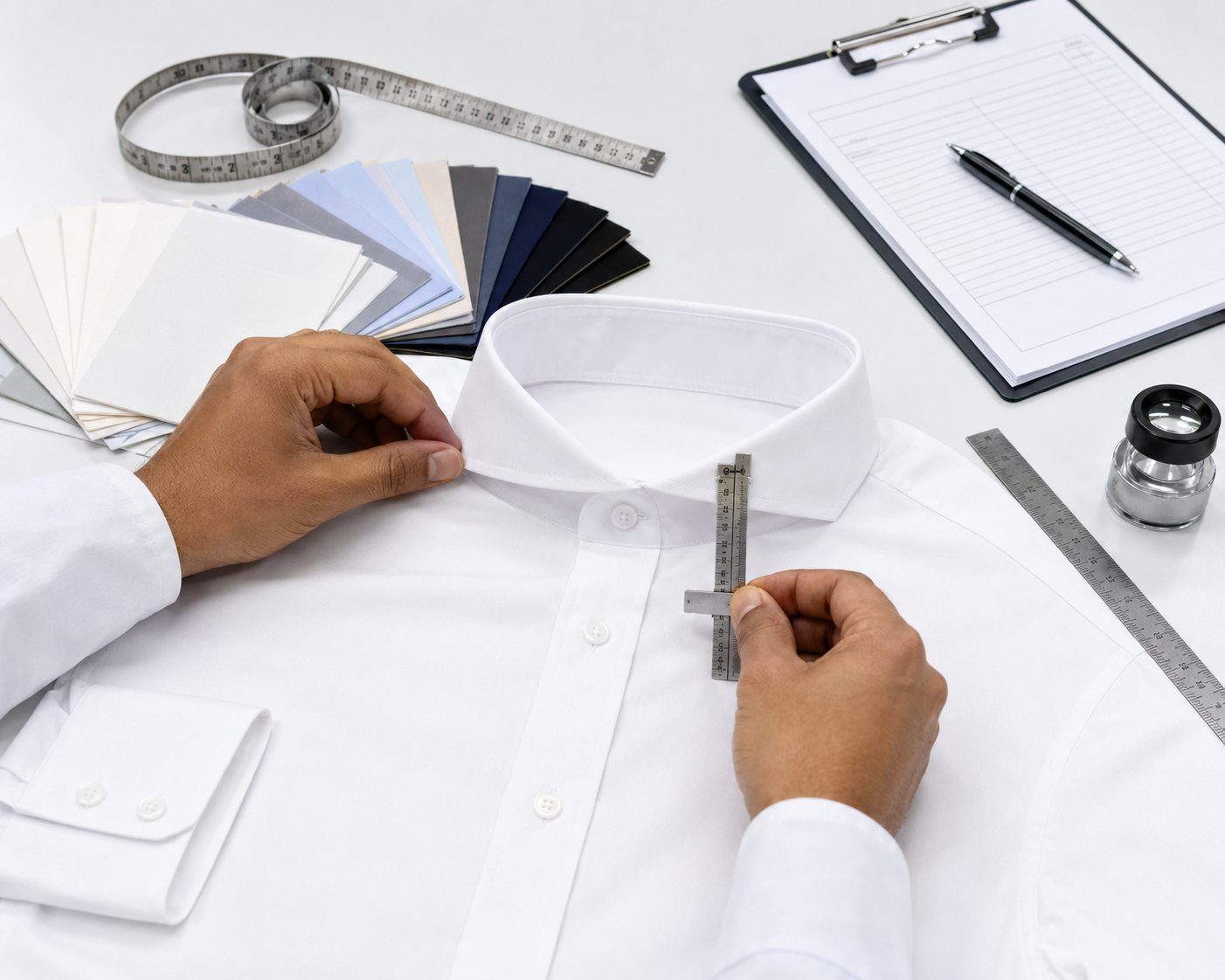QA inspector measuring a white shirt collar with a steel ruler beside fabric swatches and an inspection clipboard.